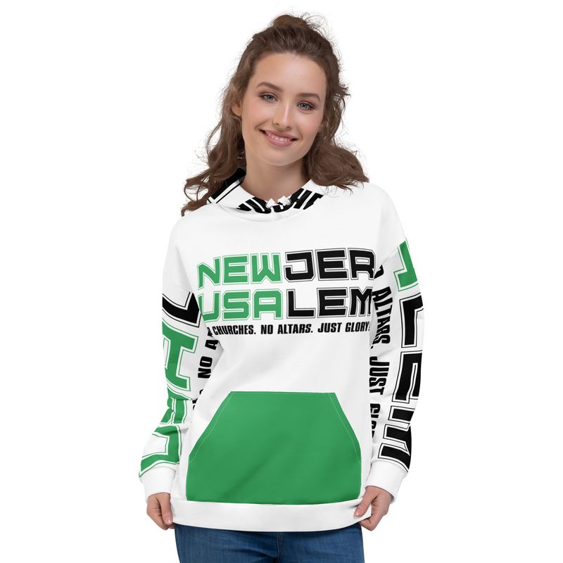 NEW JERUSALEM. NO CHURCHES. NO ALTARS. JUST GLORY! Genderless Hoodie