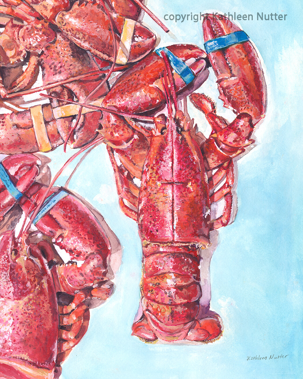 &quot;The Maine Attraction&quot;, Signed Archival Print of Original Watercolor Painting Featuring Cooked Lobsters from Bar Harbor, Maine