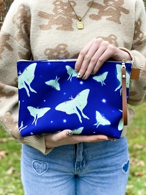 Illustrated Luna Moth Make up bag, Denim lined, zipper, purse, travel bag, vibrant colors