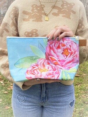 Hand Painted Peony Flowers, Peonies, Floral, watercolor, make up and travel bag