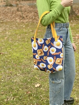 Navy Bacon, Eggs, and Toast Fun, Colorful, Funky, Retro Illustrated Pattern Tote Bag