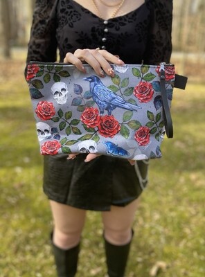 Goth Glam illustrated Make up bag featuring a raven, roses and watercolored leaves