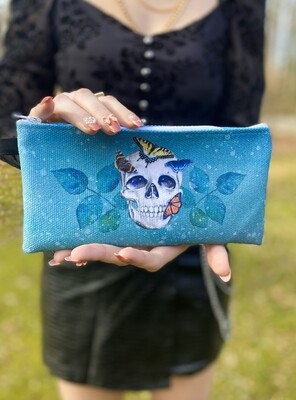 Goth Glam pencil, wallet, make-up, purse organizer bag with a skull, butterflies, and roses