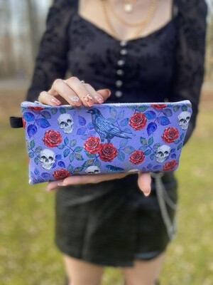 Goth Glam pencil, wallet, bag with a skull, butterflies, raven and roses with purple background