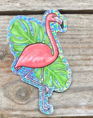 Pink Flamingo Vinyl Sticker with Sparkle