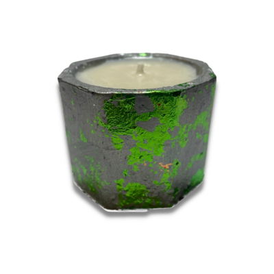 Concrete Jar Scented Candle in Metallic Silver with Green Leaf