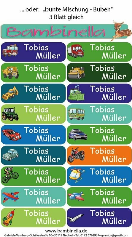 Bügeletiketten "Bunte Mischung Buben": 2 Blatt  = 36 Etiketten