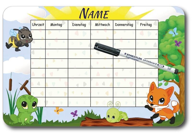 Personalisierter Stundenplan Wald und Wiese mit Whiteboardmarker, Stiftklemme und 4 Haftetiketten zur Befestigung