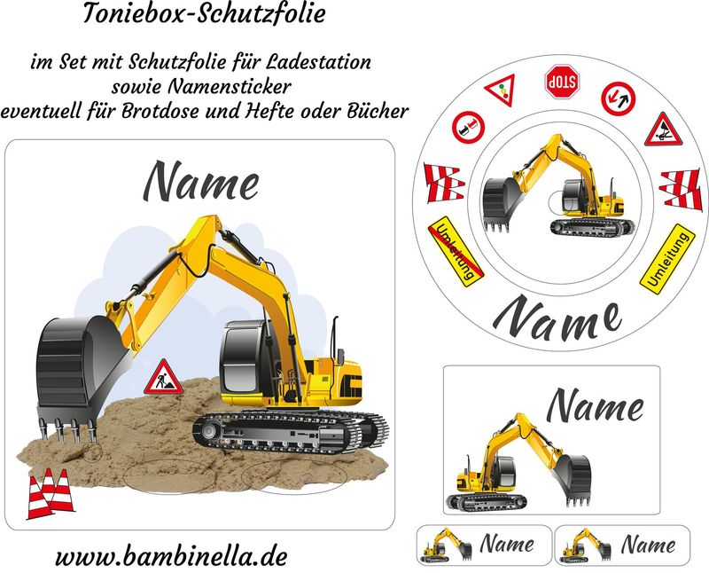 Schutzfolie für Toniebox und Ladestation personalisierbar sowie Namensticker Klebeetiketten | Bagger