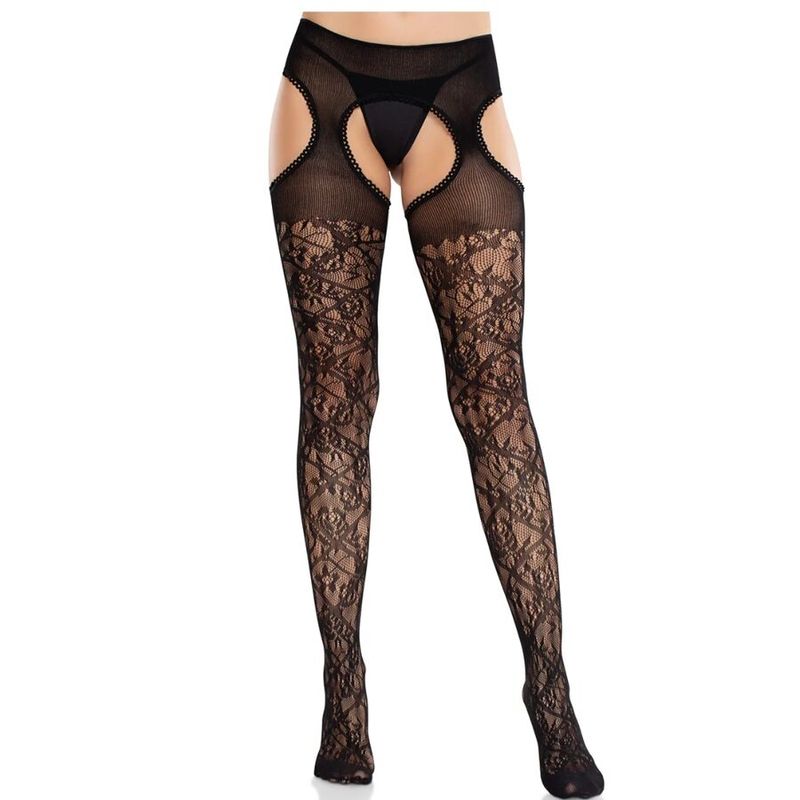 LEG AVENUE - CALZE IN PIZZO FLOREALE CON GIARRETTIERE UNITED BLACK