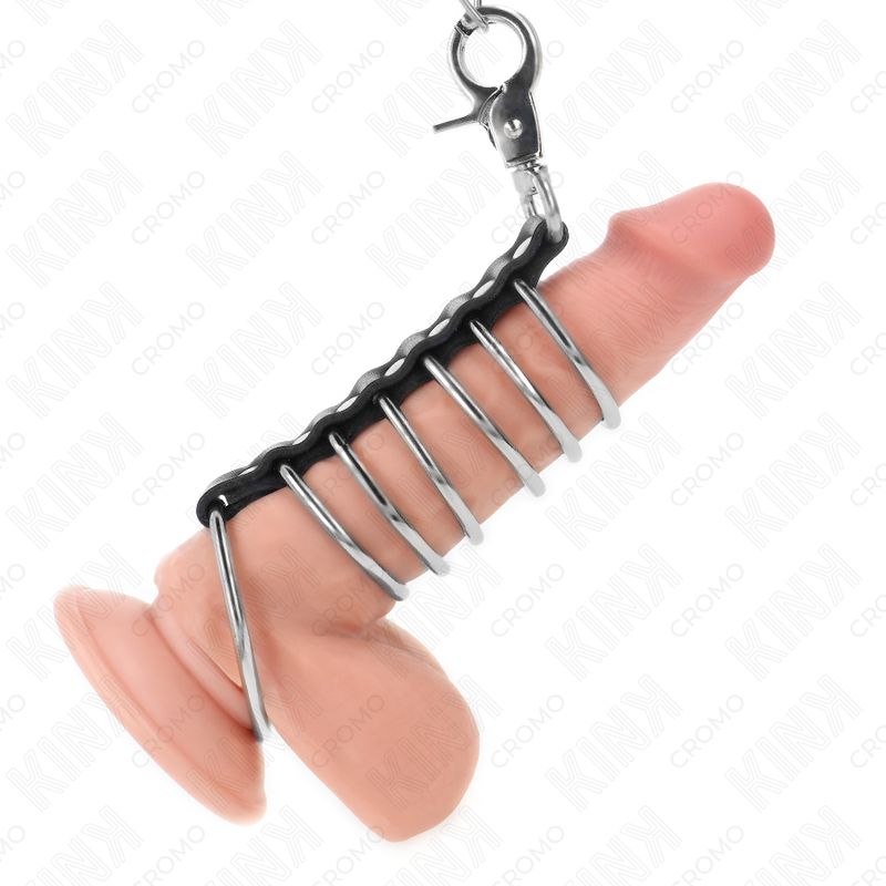 KINK - 7 ANELLI PER PENE IN METALLO DA 3,8 CM A 5 CM COLLEGATI CON PELLE E CATENA IN METALLO 100 CM KINK - 7 ANELLI PER PENE IN METALLO DA 3,8 CM A 5 CM COLLEGATI CON PELLE E CATENA IN METALLO 100 CM