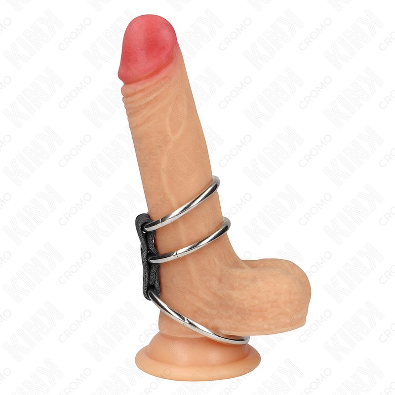 KINK - ANELLO PER PENE IN METALLO TRIPLO DA 3,7 CM A 5 CM COLLEGATO CON PELLE KINK - ANELLO PER PENE IN METALLO TRIPLO DA 3,7 CM A 5 CM COLLEGATO CON PELLE