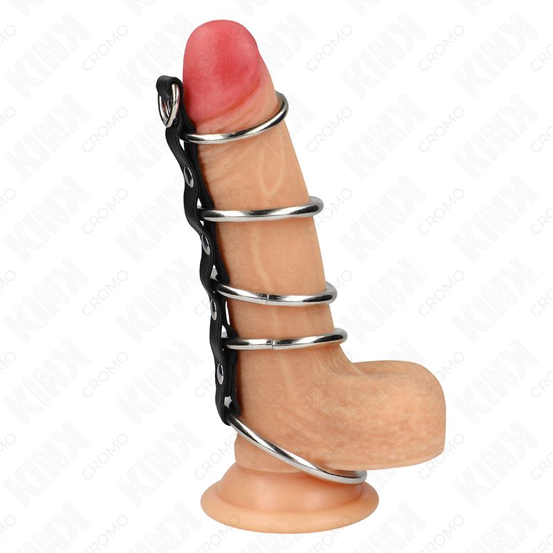 KINK - 5 ANELLI PER PENE IN METALLO DA 3,2 CM A 5 CM COLLEGATI DA PELLE KINK - 5 ANELLI PER PENE IN METALLO DA 3,2 CM A 5 CM COLLEGATI DA PELLE