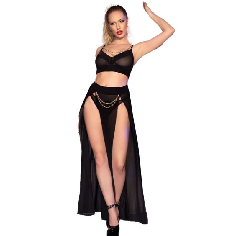 CHILIROSE - CR 4672 GONNA TOP NERA E PERIZOMA CON CATENE ORO XL CHILIROSE - CR 4672 BLACK TOP SKIRT AND THONG WITH GOLDEN CHAINS XL