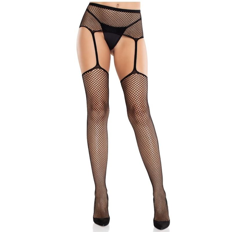 LEG AVENUE - CALZE IN PIZZO CON CROCE E CINTURA REGGICALZE NERE LEG AVENUE - CALZE IN PIZZO CON CROCE E CINTURA REGGICALZE NERE