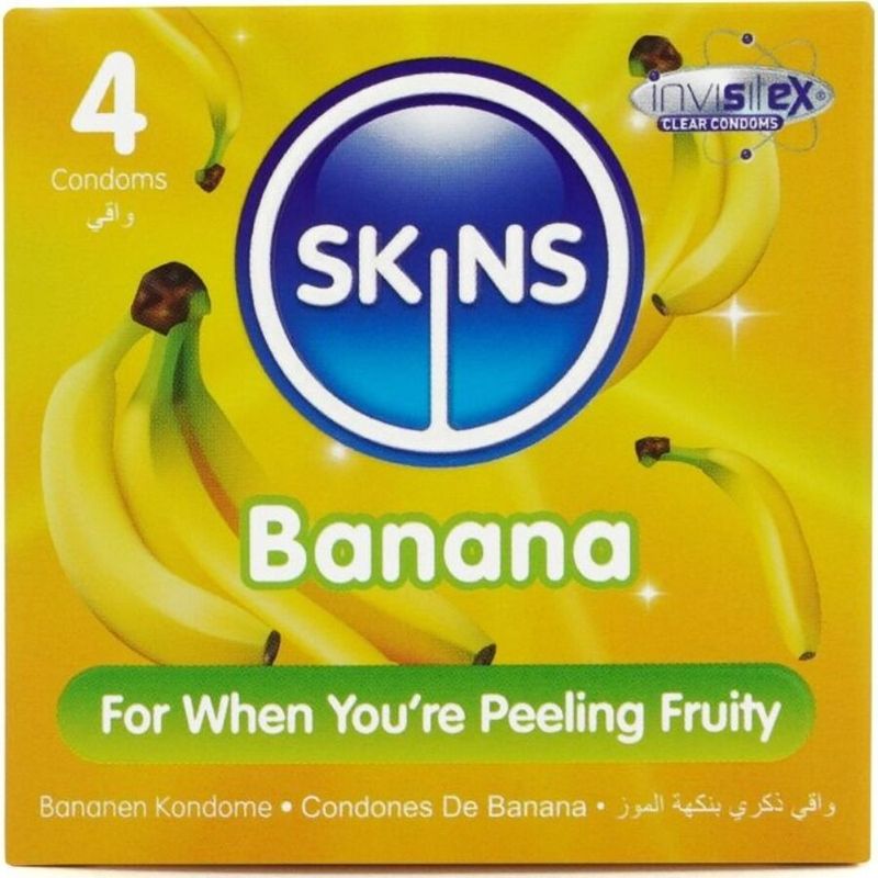 SKINS - PRESERVATIVI BANANA PREMIUM CONFEZIONE DA 4 SKINS - PRESERVATIVI BANANA PREMIUM CONFEZIONE DA 4