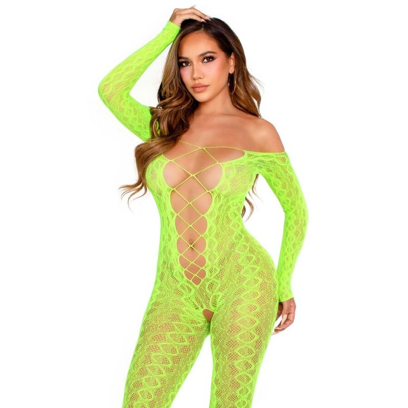 LEG AVENUE - BODYSTOCKING SENZA CAVALLO EXOTIC SNAKE LACE NEON GREEN LEG AVENUE - CROTCHLESS BODYSTOCKING EXOTIC SNAKE LACE NEON GREEN