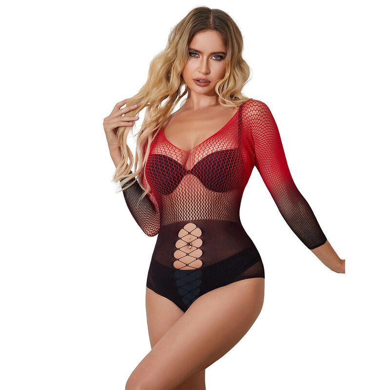 SUBBLIME - 952259 VESTITO ELASTICO A RETE MANICA LUNGA SFUMATO ROSSO E NERO TAGLIA UNICA SUBBLIME - 952259 RED AND BLACK GRADIENT LONG SLEEVE ELASTIC FISHNET DRESS ONE SIZE
