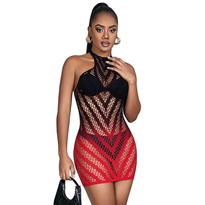 SUBBLIME - 952242 VESTITO ELASTICO A RETE DEGRADATA ROSSO E NERO TAGLIA UNICA SUBBLIME - 952242 RED AND BLACK DEGRADED ELASTIC FISHNET DRESS ONE SIZE