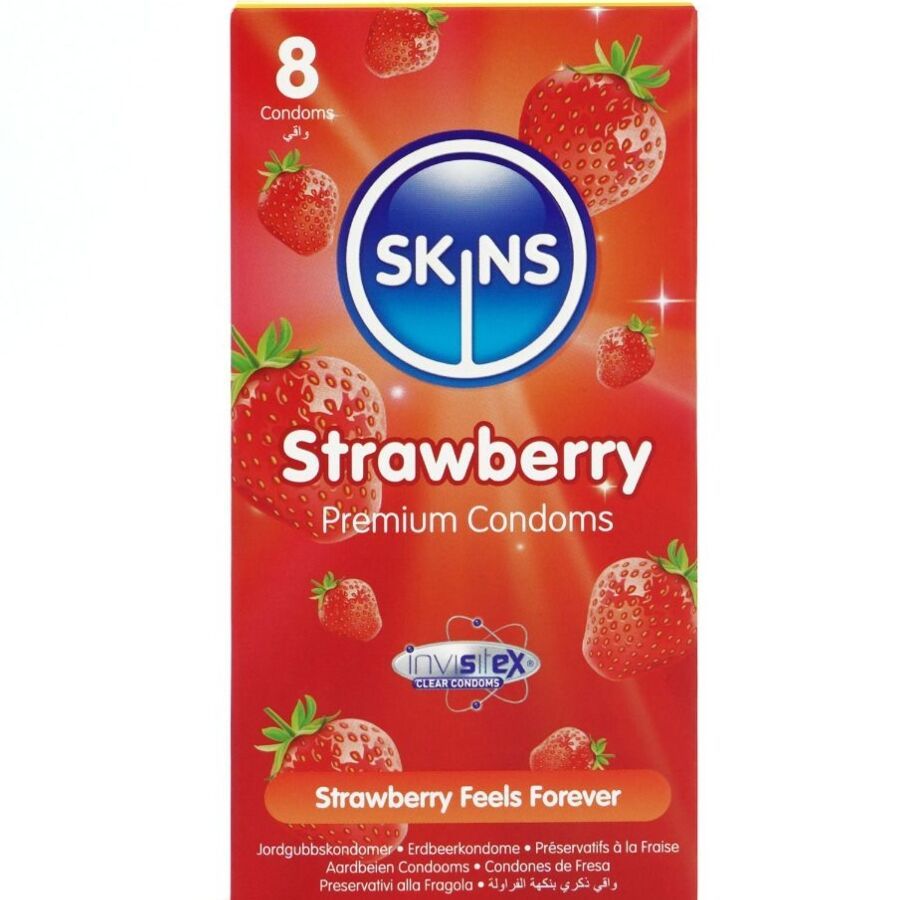 SKINS - PRESERVATIVI PREMIUM ALLA FRAGOLA CONFEZIONE DA 8 SKINS - STRAWBERRY PREMIUM CONDOMS PACK 8
