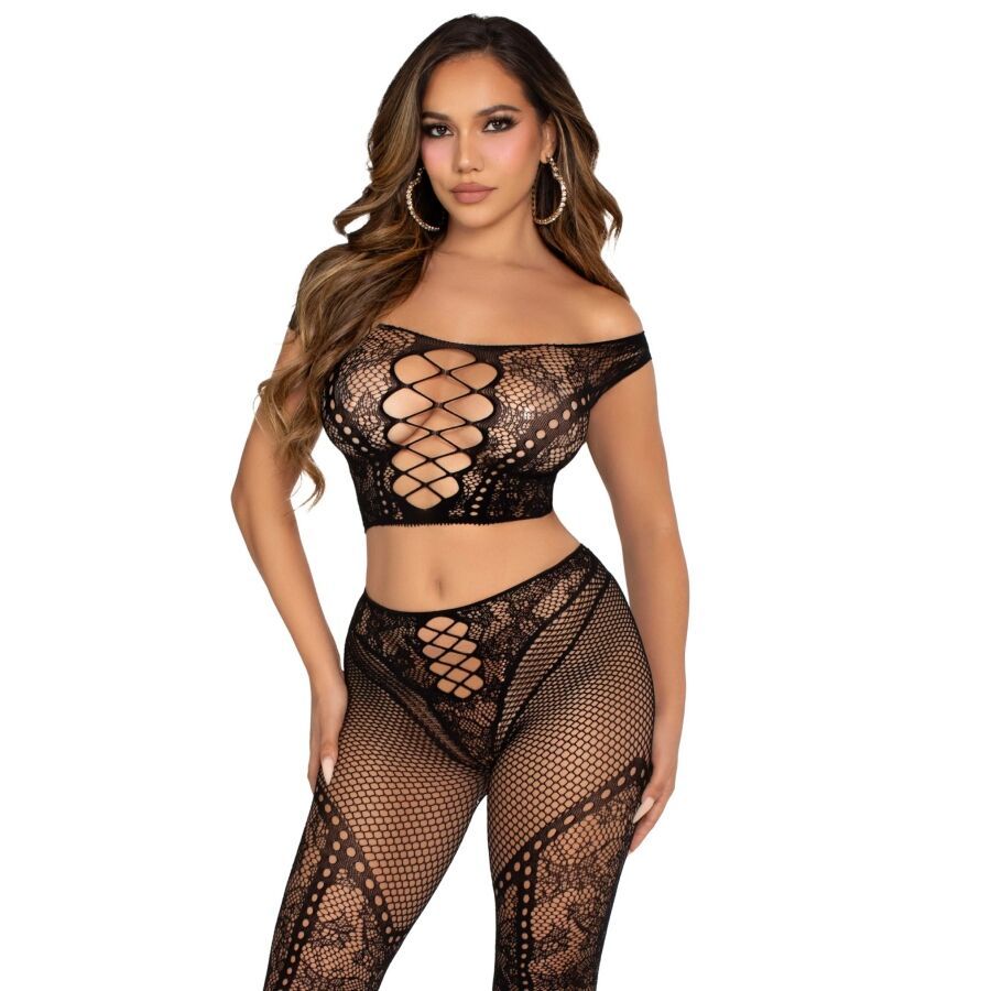 LEG AVENUE - CROP TOP E LEGGING A RETE CON SPALLE SCOPERTE NERO LEG AVENUE - CROP TOP AND FISHNET LEGGING WITH BARE SHOULDERS BLACK