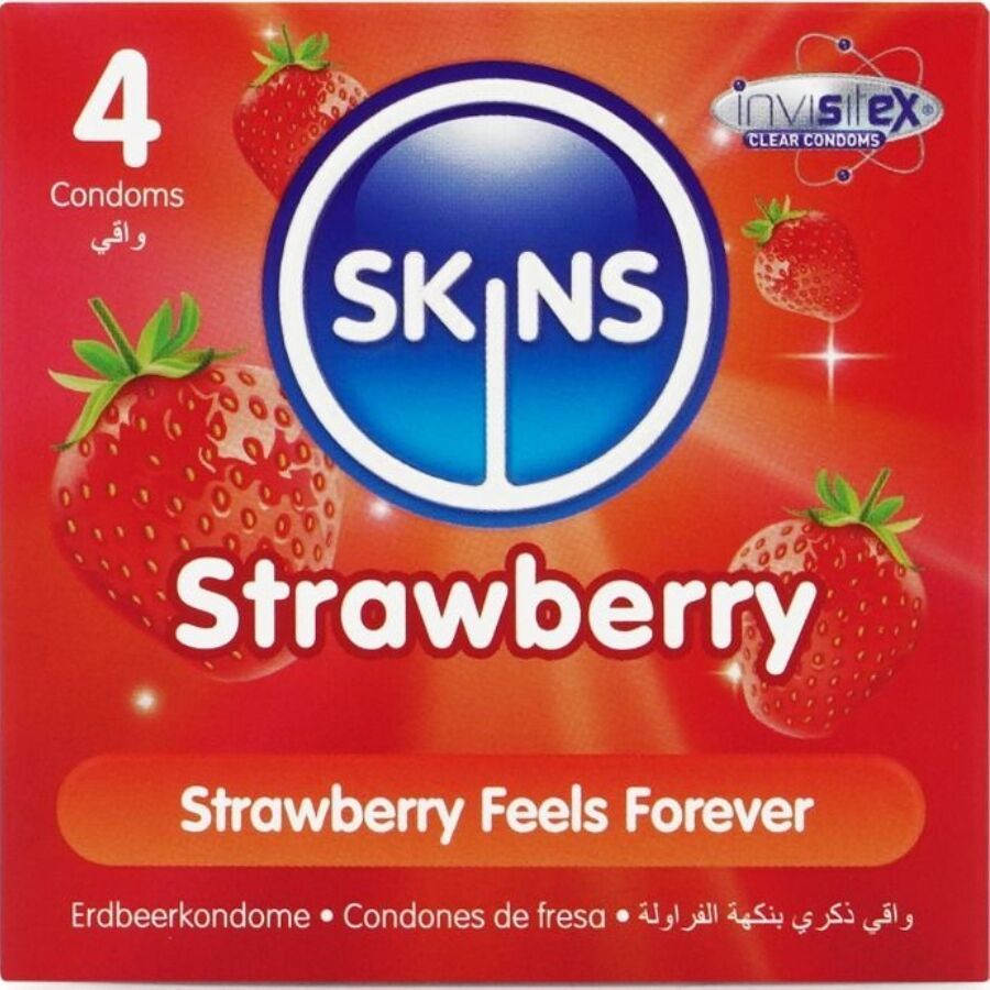 SKINS - PRESERVATIVI PREMIUM ALLA FRAGOLA CONFEZIONE DA 4 SKINS - STRAWBERRY PREMIUM CONDOMS PACK 4