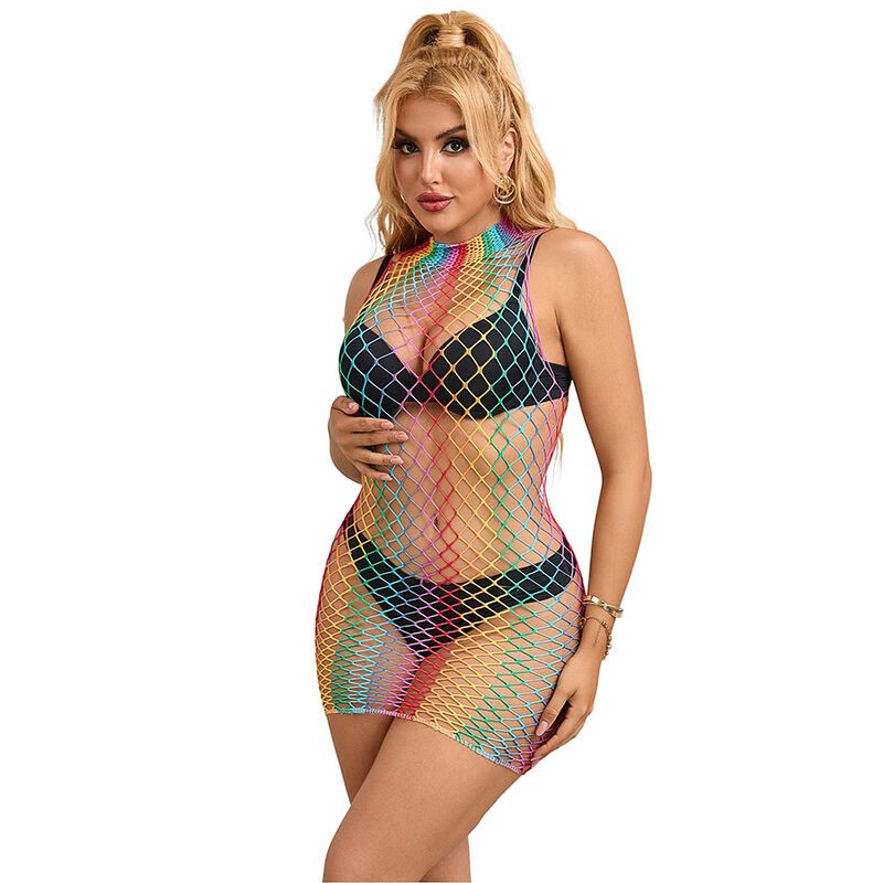 SUBBLIME - 952433 VESTITO A RETE SENZA MANICHE COLLO ALTO ARCOBALENO TAGLIA UNICA SUBBLIME - 952433 RAINBOW HIGH NECK SLEEVELESS FISHNET DRESS ONE SIZE