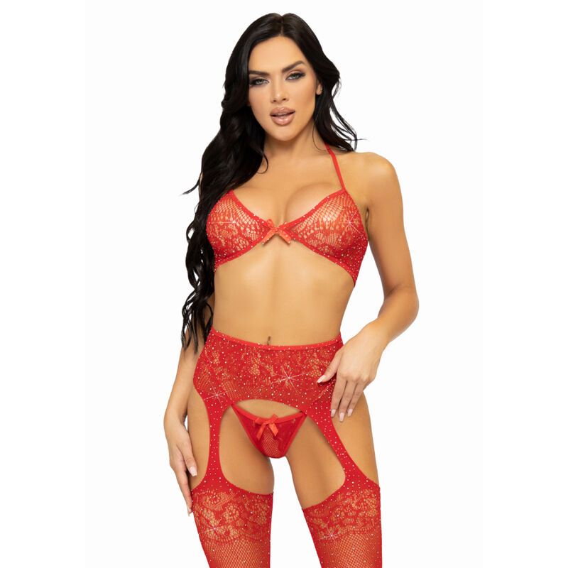 LEG AVENUE - SET TRE PEZZI REGGISENO, PERING E CALZA TAGLIA UNICA - ROSSO LEG AVENUE - THREE PIECES SET BRA, STRING AND STOCKING ONE SIZE - RED