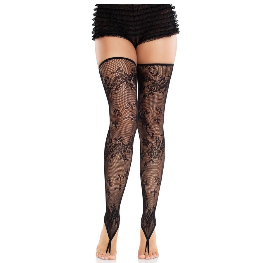 LEG AVENUE - CALZE SENZA PIEDE IN PIZZO FLOREALE NERE LEG AVENUE - FLORAL LACE FOOTLESS STOCKINGS BLACK