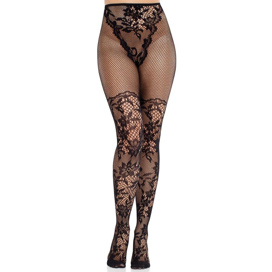 LEG AVENUE - CALZE IN PIZZO DAHLIA CON DETTAGLIO A RETE NERE LEG AVENUE - DAHLIA LACE STOCKINGS WITH NET DETAIL BLACK