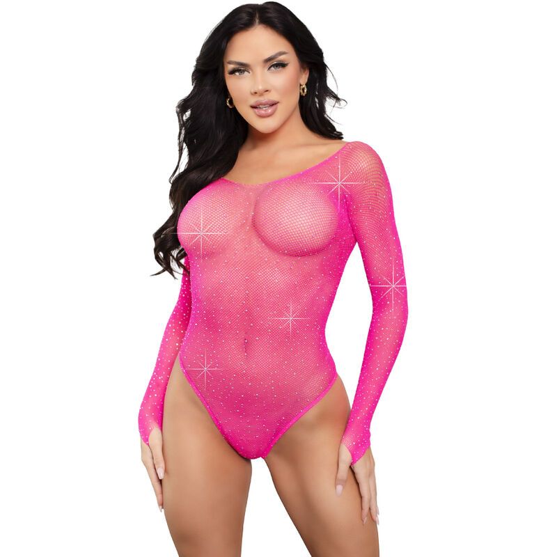 LEG AVENUE - BODY MANICA LUNGA CRISTALLIZZATO FUCSIA LEG AVENUE - CRYSTALIZED LONG SLEEVE BODYSUIT FUCHSIA