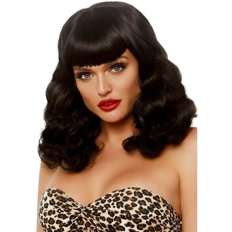 LEG AVENUE - PARRUCCA RETRO RICCIA CON FRANGIA NERA LUMINISCENTE LEG AVENUE - CURLY RETRO WIG WITH BANGS LUMINISCENT BLACK
