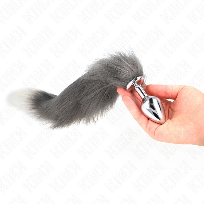 KINK - PLUG ANALE MISURA M 8 X 3,5 CM CON CODA SINTETICA 40 CM GRIGIO E BIANCO KINK - PLUG ANALE MISURA M 8 X 3,5 CM CON CODA SINTETICA 40 CM GRIGIO E BIANCO