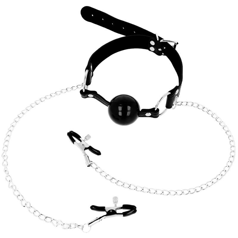 OHMAMA FETISH - MORDAZA BOLA NEGRA CON PINZAS PEZONES OHMAMA FETISH BLACK BALL GAG WITH NIPPLE CLAMPS