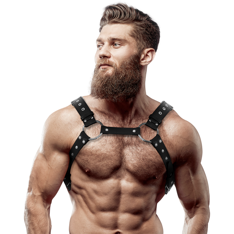 FETISH SUBMISSIVE ATTITUDINE - IMBRACATURA PER IL PETTO IN ECOPELLE DA UOMO CON BORCHIE FETISH SUBMISSIVE ATTITUDE - MENS ECO-LEATHER CHEST HARNESS WITH STUDS