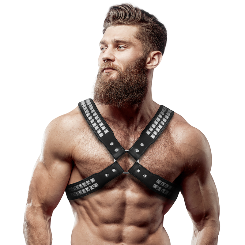 FETISH SUBMISSIVE ATTITUDE - IMBRACATURA IN ECOPELLE CON PETTO INCROCIATO DA UOMO CON RIVETTI FETISH SUBMISSIVE ATTITUDE - IMBRACATURA IN ECOPELLE CON PETTO INCROCIATO DA UOMO CON RIVETTI