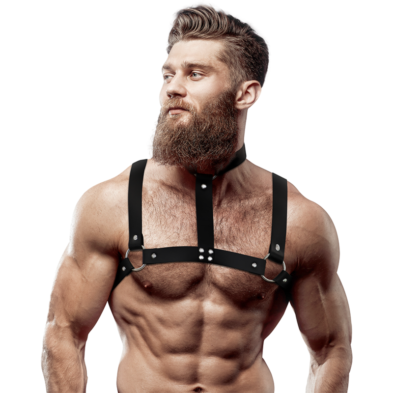 FETISH SUBMISSIVE ATTITUDINE - IMBRACATURA REGOLABILE IN ECOPELLE CON COLLANA PER UOMO FETISH SUBMISSIVE ATTITUDINE - IMBRACATURA REGOLABILE IN ECOPELLE CON COLLANA PER UOMO