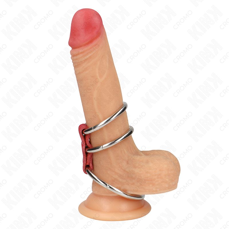 KINK - ANELLO PER PENE IN TRIPLO METALLO DA 3,7 CM A 5 CM COLLEGATO CON PELLE ROSSA KINK - TRIPLE METAL PENIS RING 3.7 CM TO 5 CM CONNECTED WITH RED LEATHER