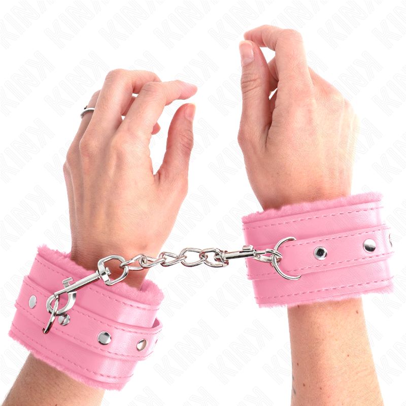 KINK - POGGIPOLSI PREMIUM RIVESTITI IN PELLICCIA ROSA CON CINTURA ROSA REGOLABILE 17-29 CM X 6 CM KINK - PREMIUM FUR LINED WRIST RESTRAINTS PINK WITH PINK BELT ADJUSTABLE 17-29 CM X 6 CM