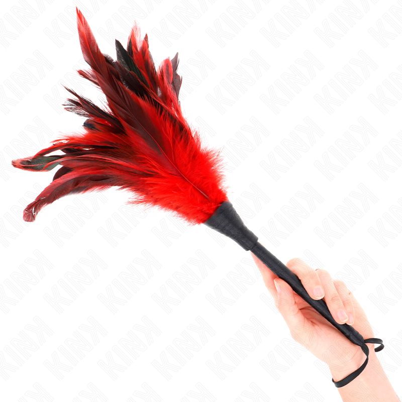 KINK - PIUME DI POLLO SOLLEGATO A FORMA DI CORNO ROSSO 36 CM KINK - RED MAIDS HORN SHAPED TICKLE CHICKEN FEATHERS 36 CM