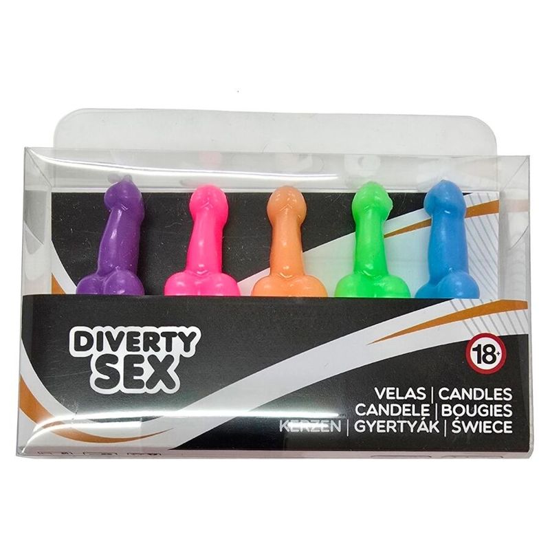 DIABLO PICANTE - SCATOLA DA 5 CANDELE A FORMA DI PENE IN DIVERSI COLORI DIABLO PICANTE - BOX OF 5 PENIS-SHAPED CANDLES IN DIFFERENT COLORS