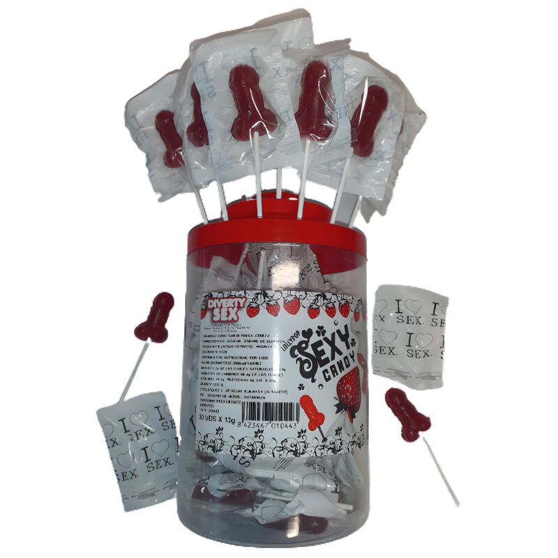 DIABLO PICANTE - 50 LECCA-LECCA A FORMA DI PENE DI CARAMELLE ALLA FRAGOLA E ALLA CILIEGIA 50 UNIT DIABLO PICANTE - 50 STRAWBERRY & CHERRY CANDY PENIS LOLLIPOP 50 UNITS