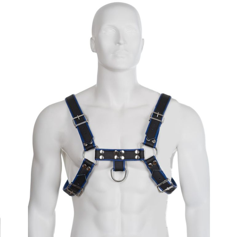 LEATHER BODY - IMBRACATURA IN PELLE BLU E NERA PER BULLDOG LEATHER BODY - BLUE AND BLACK LEATHER HARNESS CHEST BULLDOG