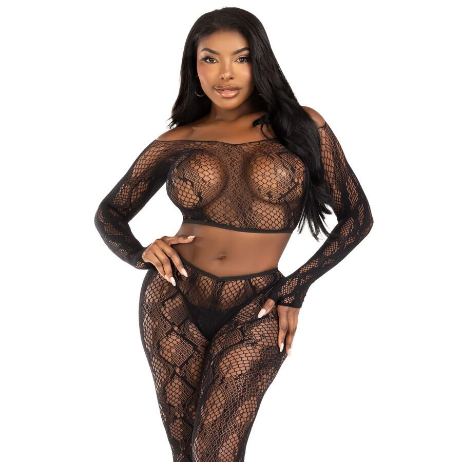 LEG AVENUE - 89373 PYTHON CROP TOP & FOOTLESS TIGHTS BLACK - ONE SIZE