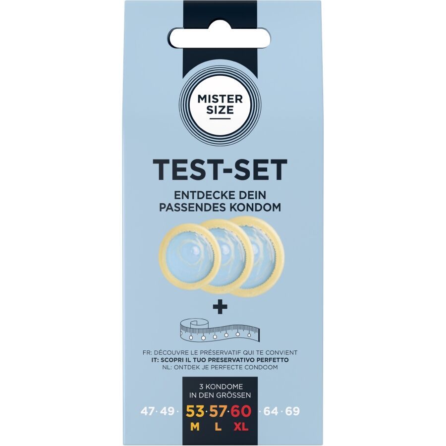 MISTER SIZE - SET DI PROVA 3 PRESERVATIVI DI MISURE DIVERSE + METRO A NASTRO MISTER SIZE - TEST SET 3 DIFFERENT SIZED CONDOMS + MEASURING TAPE