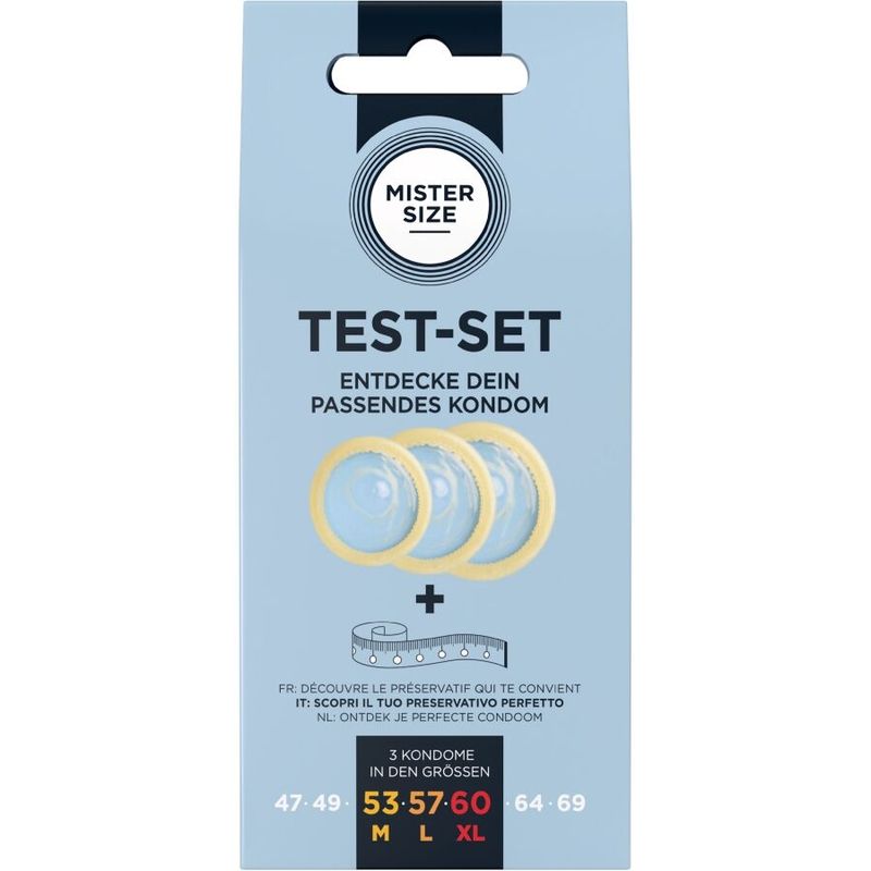 MISTER SIZE - SET DI PROVA 3 PRESERVATIVI DI MISURE DIVERSE + METRO A NASTRO MISTER SIZE - TEST SET 3 DIFFERENT SIZED CONDOMS + MEASURING TAPE