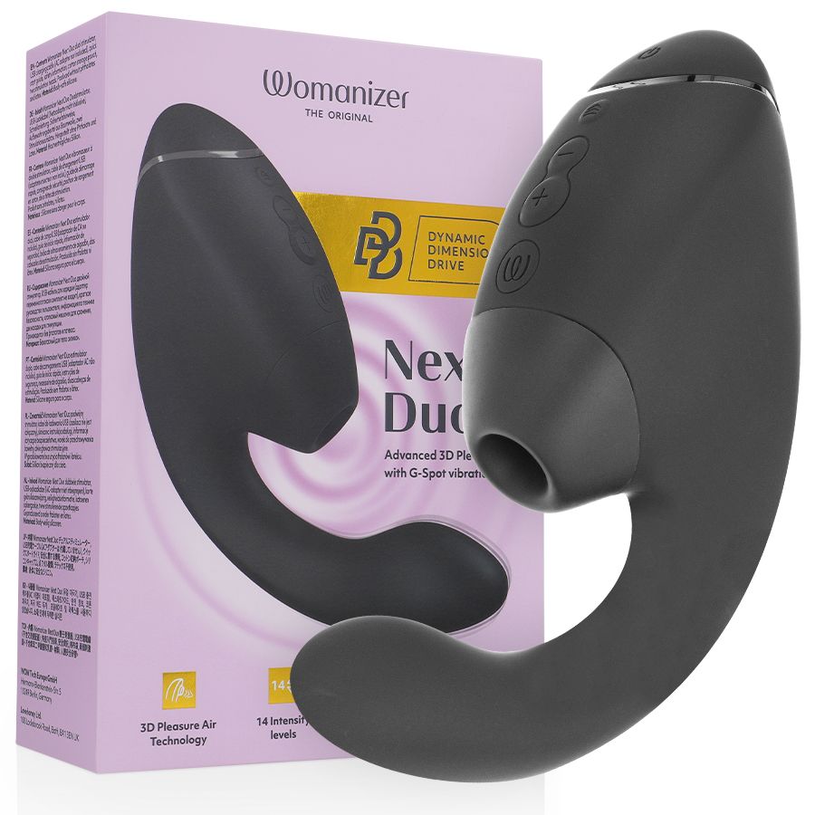 WOMANIZER - DUO NEXT STIMOLATORE DOPPIO CLITORIDEO E PUNTO G NERO WOMANIZER - DUO NEXT DUAL CLITORAL & G-SPOT STIMULATOR BLACK
