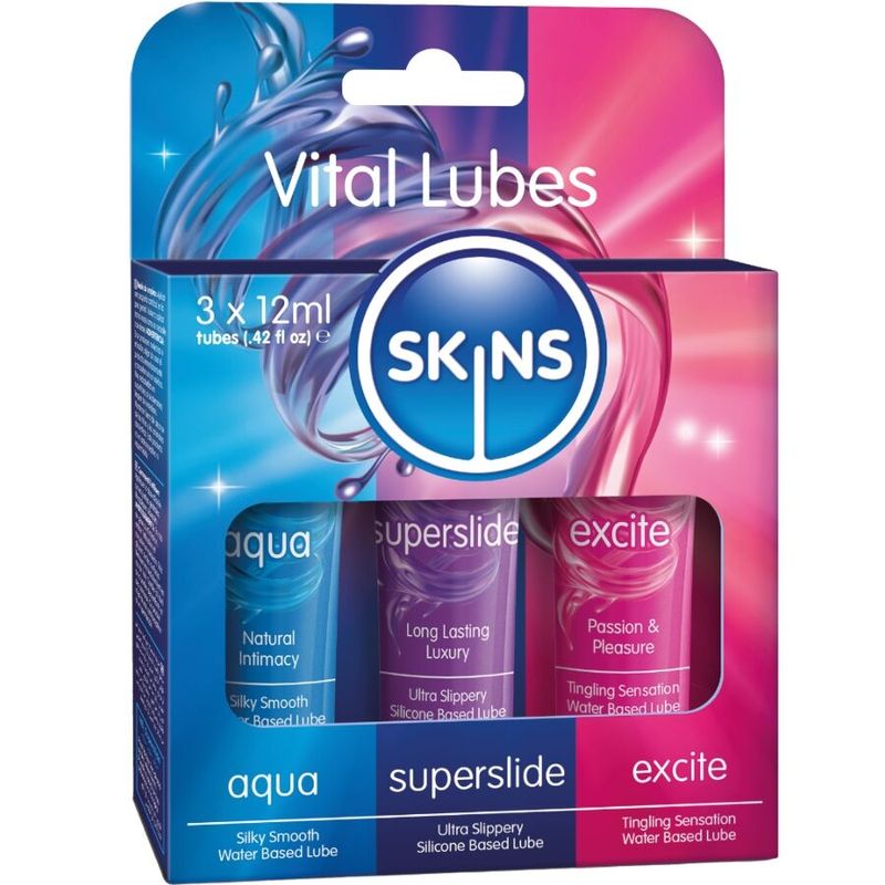 SKINS - KIT LUBRIFICANTI VITALI AQUA, SUPERSLIDE & EXCITE 3 x 12 ML SKINS - KIT LUBRIFICANTI VITALI AQUA, SUPERSLIDE & EXCITE 3 x 12 ML