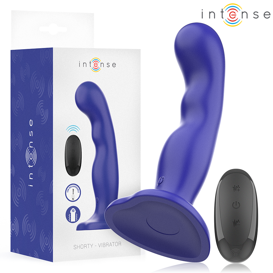 INTENSE - VIBRATORE SHORTY CON VENTOSA TELECOMANDO BLU INTENSE - SHORTY VIBRATOR WITH SUCTION CUP BLUE REMOTE CONTROL