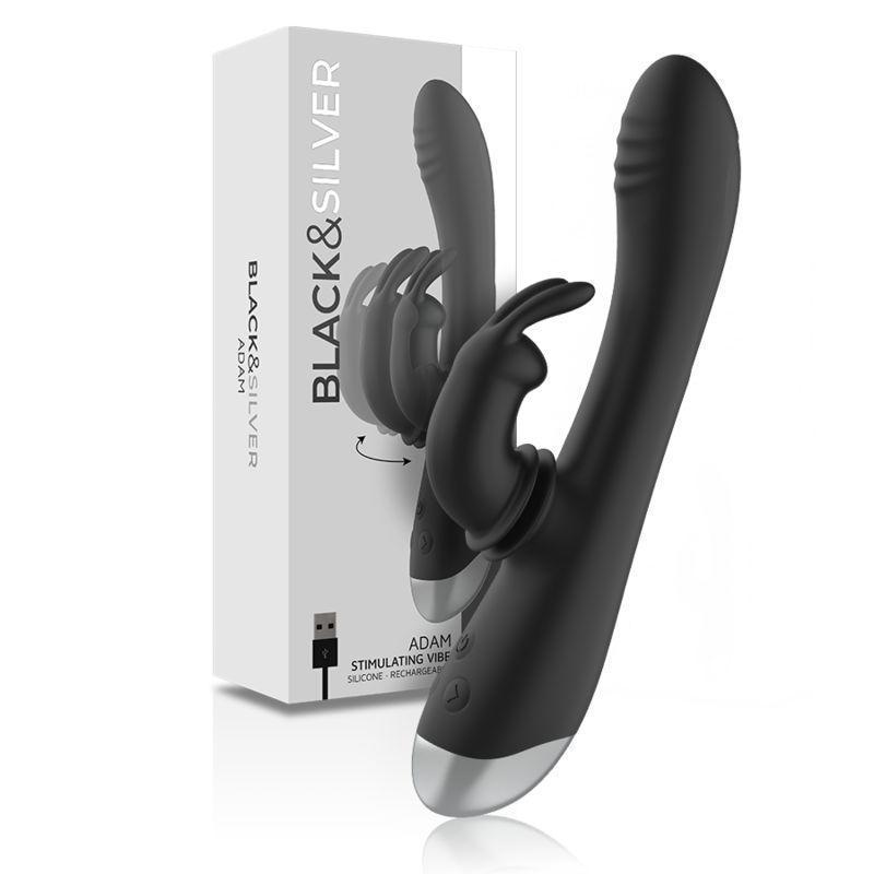 BLACK&SILVER - DJ. STIMOLATORE CONIGLIO IN SILICONE RICARICABILE ADAM NERO BLACK&SILVER - DJ. ADAM RECHARGEABLE SILICONE RABBIT STIMULATOR BLACK